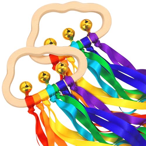 Baby Sensory Wooden Rattle Toys - 2PCS Rainbow Ribbon Rattles Ring Toy for Babies 0-6 Months, Wood Baby Montessori Toys with Bells for 0-12 Months Newborns Infants Toddlers Boy Girl as Shower Gifts