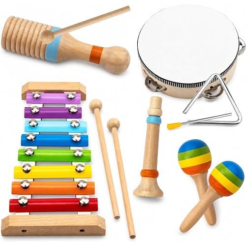 Montessori Wooden Musical Instruments for Toddlers, Educational Baby Drum Set with Xylophone & Maracas and More, Music Toys for Toddler Preschool