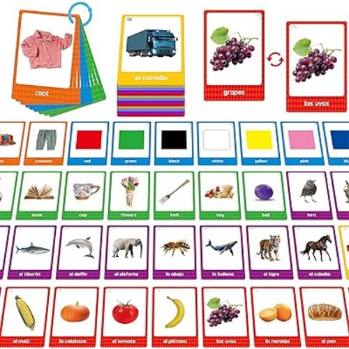 60 English Spanish Flash Cards, Double-Sided Nouns Cards Bilingual Sight Words - Animals, Colors, Food, Vehicles Cards, Language Vocabulary Learning Tool for Beginners 5+ with 2 Reclosable Rings