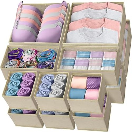 Reli. Drawer Organizer Clothes (14 Pack) | Dresser Drawer Organizers & Nursery Organization | Foldable Fabric Dresser Storage Dividers for Bras, Nursery, Changing Table, Baby Clothes, Clothing (Beige)