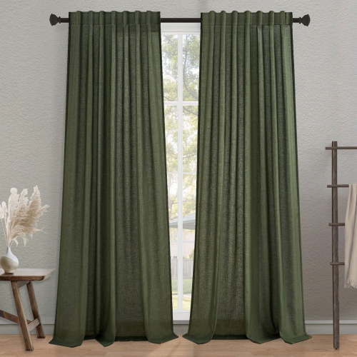 Topfinel Olive Green Linen Semi Sheer Curtains 90 Inches Long,Spring Boho Bedroom Living Room Home Decor,Cotton Linen Blended Light Filtering ,Back Tab Window Curtain with Hooks ,Set of 2