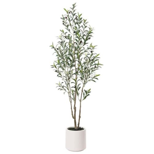 6 ft. Artificial Olive Tree with White Planter, Large Faux Olive Silk Tree for Indoor Home Decor and Housewarming Gift