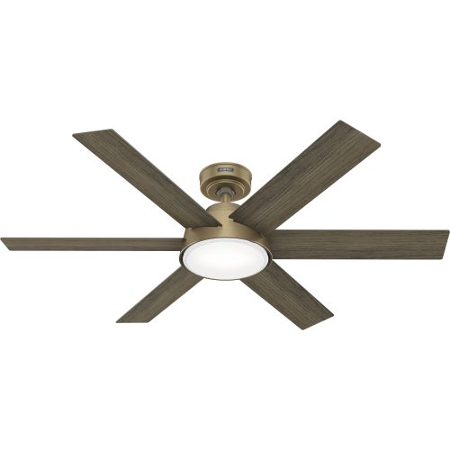 Hunter Donatella 52-in Burnished Brass with Warm Grey Oak Blades LED Downrod or Flush Mount Ceiling Fan With Light and Remote Control Included 6 -Blade
