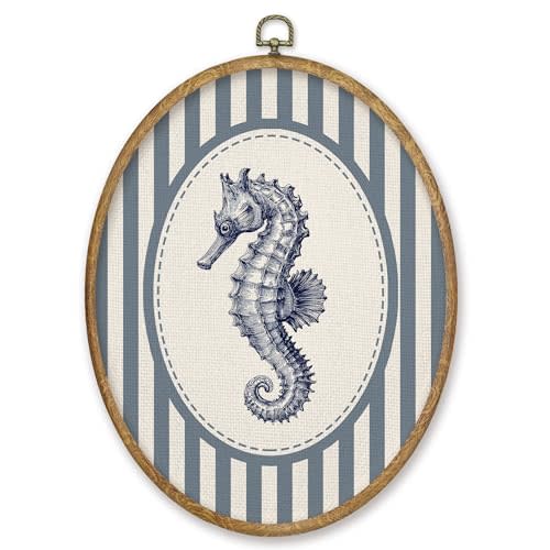 CGBHW Blue Coastal Beach Seahorse Oval Wall Art Decor, Beach Nautical Canvas Prints Framed, Ocean Marine Biology Seahorse Wall Art Hanging Decor for Home Kitchen Beach House Kids Nursery Room, 8.6x11.4 Inch