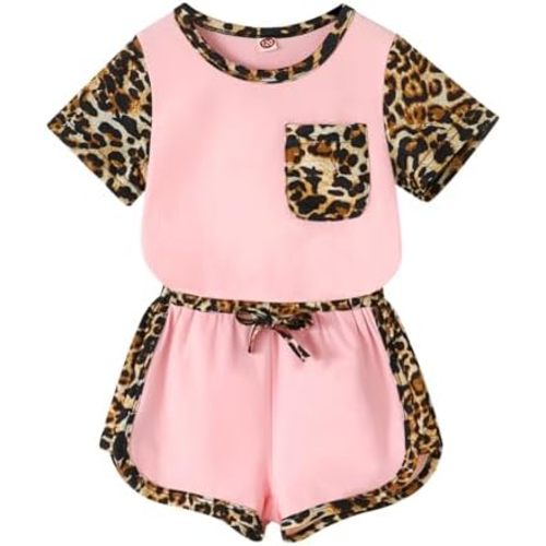 YOUNGER TREE Toddler Infant Baby Girls Summer Outfits Leopard Print Short Sleeve Pocket T-Shirt Tops Pants Clothes Sets