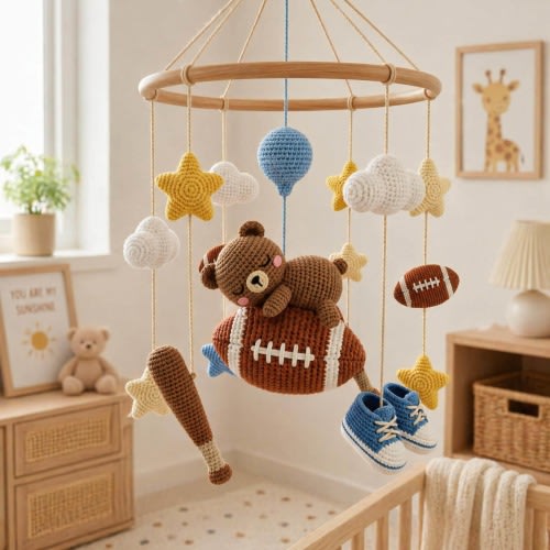 Personalized Crochet Bear Baby Mobile, Bear On Football Mobile Nursery Outer Space Mobile Crib,  Soccer Ball Nursery Decor, Newborn Gift