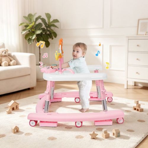 Kmaier 5-in-1 Foldable Baby Walker with Wheels, Music and Lights, 5 Adjustable Heights,Pink