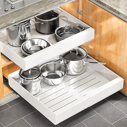 Pull out Cabinet Organizer, Expandable(12"-20") Heavy Duty Slide out Drawers Fixed with Adhesive Nano Film for Pots, Roll out Shelf Storage for Kitchen Base Cabinet Organization, Pantry, Bathroom