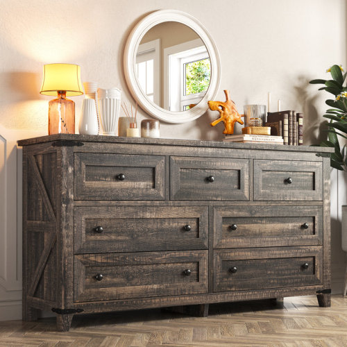 Gracie Oaks Wood Dresser For Bedroom With 7 Drawers, Farmhouse Chest Of Drawers & Reviews | Wayfair