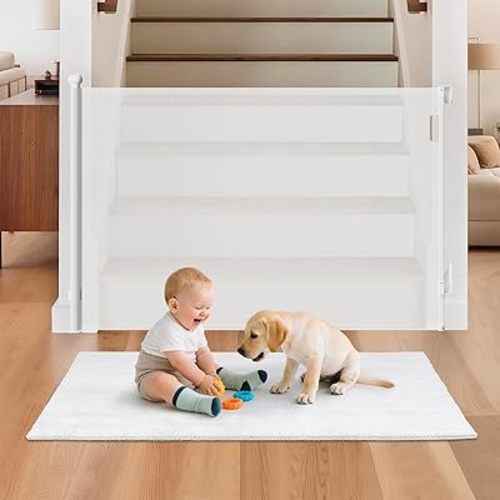 Retractable Baby Gate for Stairs,55" Wide 38" High Mesh Dog Gate or Pet Gate, Safety Expandable Easy to Fit Doorways, Hallways, Indoor & Outdoor, One-Hand Operation, White 55"x38"