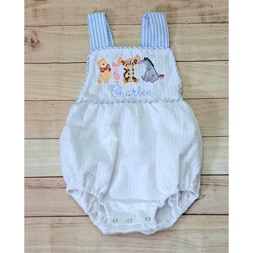 Winnie The Pooh Bear Embriodered seersucker sunsuit