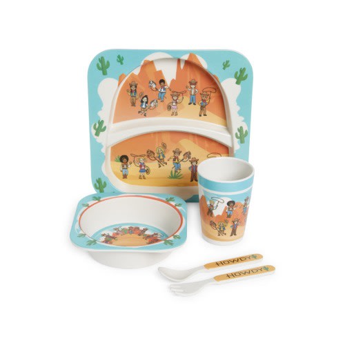Western Theme Mealtime Plate, Bowl, Cup & Utensil Set