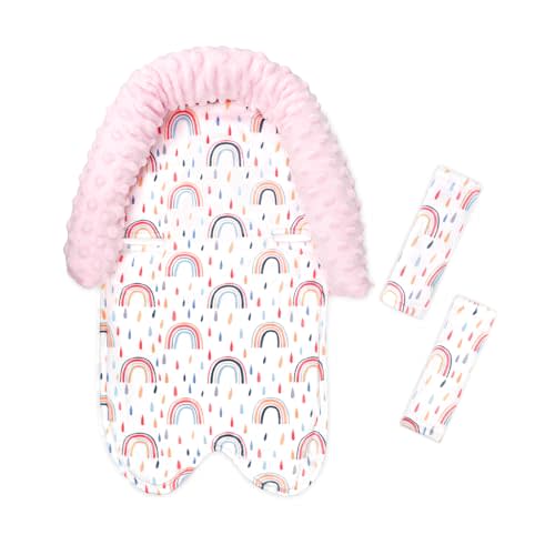 Baby Head Support and Strap Cover for Car Seat, Mink Infant Carseat Headrest for Girls, Newborn Car Seat Insert Cushion for Strollers, Rainbow