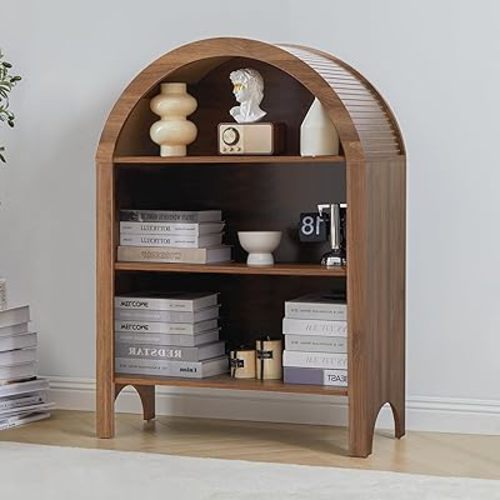 Janmer Home Freestanding Arched Bookcase, Modern 3-Tier Open Bookshelf, Low Short Bookshelf with Adjustable Shelves, Arched Storage Display Cabinet Organizer for Office, Living Room (Walnut, 1pcs)