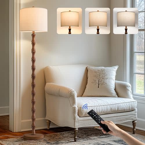 BOBOMOMO 62" Rustic Farmhouse Floor Lamp with Remote & Dimmable 9W Bulb, 3 Color Temperatures Tall Resin Standing Lamp, Retro Floor Lamp for Living Room, Bedroom, Office, Nursery, Reading Nock