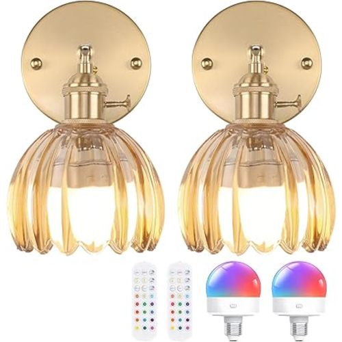 Vintage Battery Operated Wall Sconce with Cute Amber Tulip Glass Lampshade Wireless Rechargeable Battery Powered Wall Light with Remote Control for Bedside Bedroom Doorway, Set of 2
