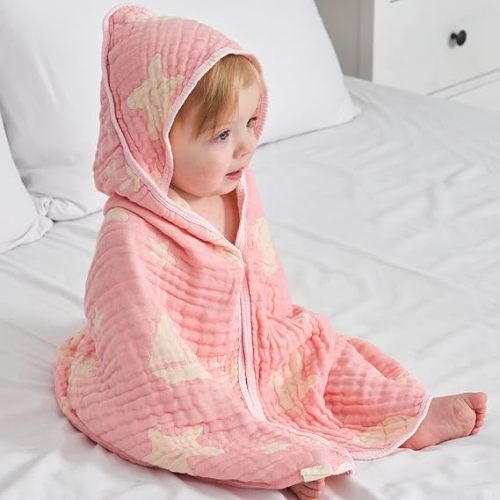Muslin Baby Beach Bath Towel Hooded Organic Cotton Blend Ocean Pink