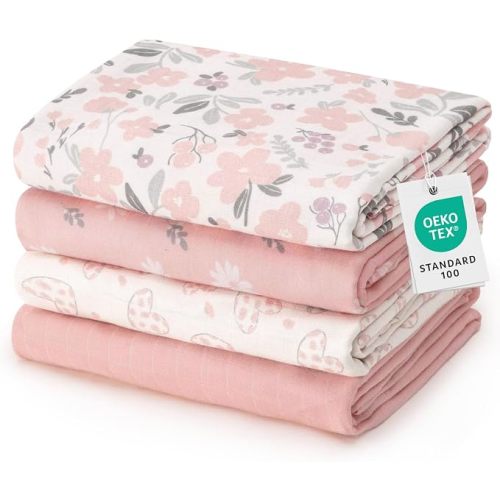 david's kids Muslin Swaddle Blankets, 4 Pack Organic Cotton Baby Blankets, Breathable Soft Receiving Blanket for Boys Girls, Newborn Essentials, Large 47 x 47 inches, Heart & Floral