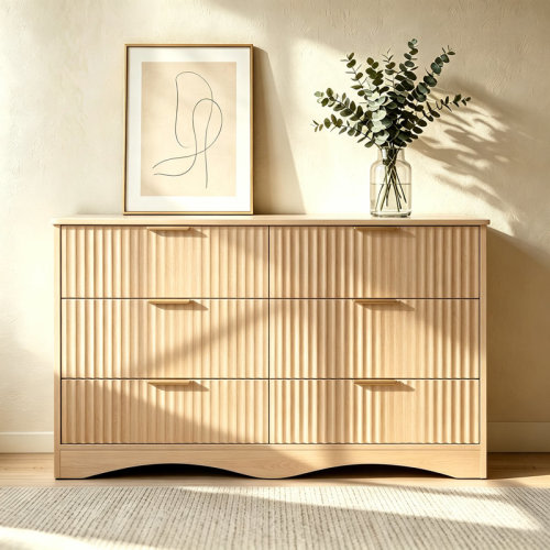 Gracie Oaks 6 Drawer Fluted Dresser, Wide Chest of Drawers with Gold Handles, Modern Wooden Storage Dresser Cabinet with Smooth Silent Drawer Slides, Large Capacity Organizer for Bedroom Living Room | Wayfair