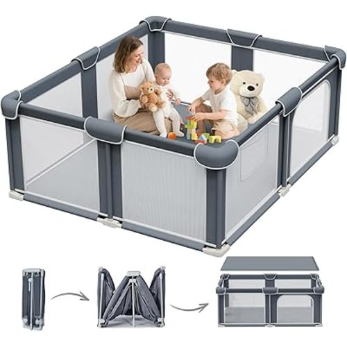 G TALECO GEAR Foldable Playpen for Babies and Toddlers, 71"x79" Portable Play Yard with Mat, Kids Collapsible Play Pen with Sturdy Metal Frame & Mesh Walls, Indoor & Outdoor Baby Fence Play Area