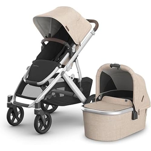UPPAbaby Vista V3 Stroller + Bassinet V3 - Convertible Single-to-Double Stroller System- Bassinet, Toddler Seat, Bug Shield, Rain Shield Included - Declan (Oat Mélange/Silver Frame/Chestnut Leather)