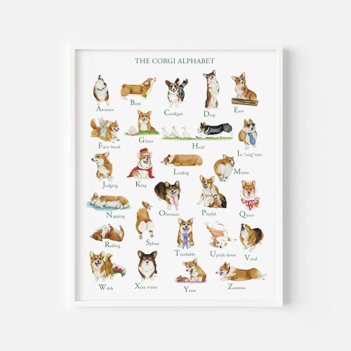 Corgi Alphabet Art Print: Watercolor Corgi ABCs (8x10 or 11x14)