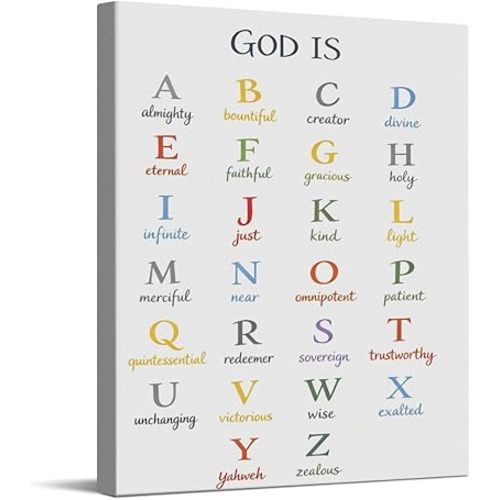CWOJE Christian Wall Art God Is Alphabet Canvas Wall Decor Names and Attributes of God Faith Typography Print for Nursery Kids Room Classroom Prayer Room Religious Home Poster 8x10 Inch