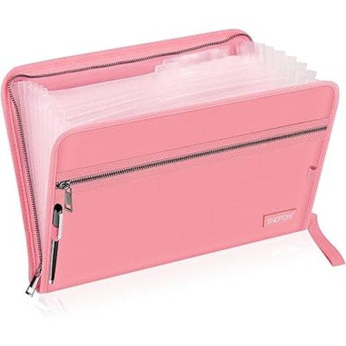 ENGPOW Accordion File Organizer,Fireproof 13 Pockets Expanding File Folder,Document Organizer Folder with Zipper&Labels,Portable Home Travel Safe Storage for Letter A4 Files and More,Pink