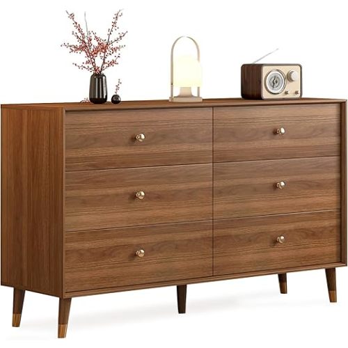 6-Drawer Dresser, Solid Wood Frame, Sturdy and Spacious Design, Modern Bedroom Storage Organizer, Multi-Functional Chest for Bedroom, Hallway, Living Room, or Office (Walnut Color, 47.2)
