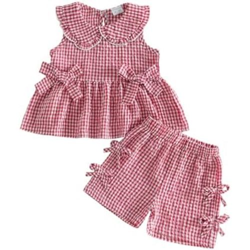 Kupretty Toddler Baby Girl Clothes Summer Linen Outfit Bows Ruffle Vest Shirts + Ruffled Short Set 12 18 24 Month 2T 3T