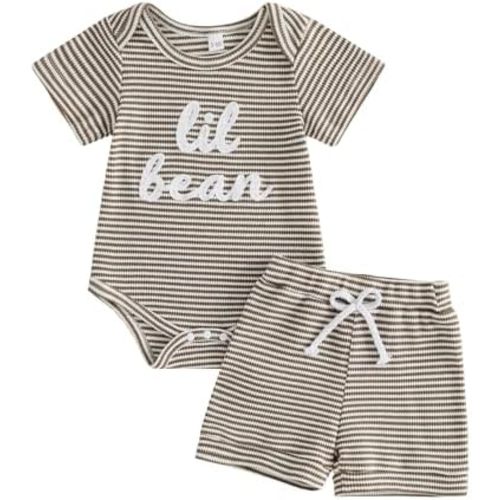 Little Bean Baby Outfits Newborn Boy Summer Clothes Short Sleeve Crew Neck Stripe Romper + Shorts Set