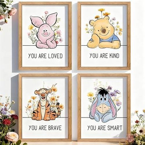 Cute Winnie the Pooh Quote Framed Wall Art Set of 4, Boho Educational You are Brave Strong Smart Kind Saying Sign for Baby Girl Kid Boy Toddlers, Natural Wooden Preschool Inspirational Nursery Wall Decor
