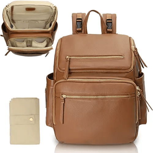 Diaper Bag Backpack Large Baby Diaper Bag Leather with 17 Diaper Bag Organizing Pouches,Changing Pad,Stroller Straps,4 Insulated Pockets,Brown