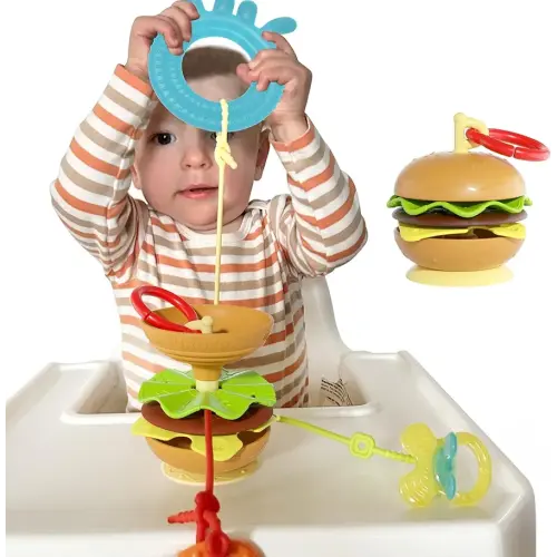 Hamburger Suction Cup Toys Holder for High Chair, Stroller Baby Toys 6-12 Months & Toddlers, 3 Tethers Keep from Falling, Great for Restaurant & Car Seat Airplane Travel
