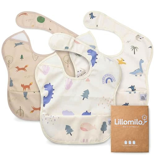Waterproof Baby Bibs for Eating 3-Pack | Toddler Bibs with Food Catcher | Machine Washable Bibs, Lightweight | Toddlers 6-36 Month, CPSIA Tested, Dinosaur Animal Design (Cream White Beige)