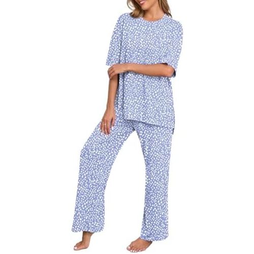 PrinStory Womens Pajamas Sets 2 Piece Lounge Set Short Sleeve Tops and Long Pants Soft Pjs Loungewear with Pockets