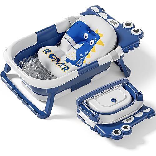 Collapsible Baby Bathtub for Newborn, Foldable Baby Bath Tub with Thermometer & Soft Floating Cushion & Drain Hole, Portable Travel Infant Bath Tubs for Newborns to Toddlers 0-36 Months Boy,NavyBlue