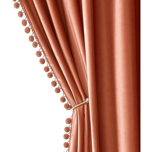 MIULEE Fall Burnt Orange Pom Pom Velvet Curtains, W52 x L96, Set of 2