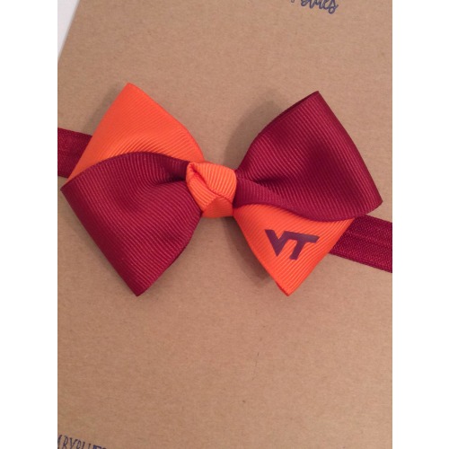 Virginia Tech hair bow. Tech baby. VT hair bow. Tech bow. Monogrammed orange and maroon bow. Elastic bow headband.