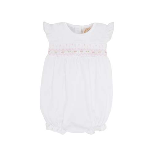 Smocked Banbury Bubble - Worth Avenue White with Palm Beach Pink Rosebud Smocking