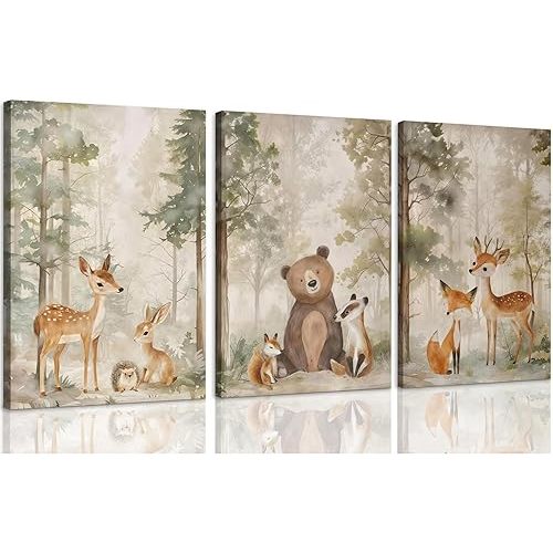 ICHZUMW Woodland Animals Nursery Wall Decor, Nursery Wall Art, Watercolor Deer Bear Fox Painting Print Artwork for Boys Girls Kids Room, Wrapped Canvas, Ready to Hang, 16x24in, Set of 3