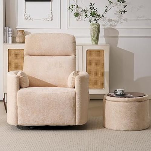 Oversized Swivel Rocker Recliner Chair with Massage and Heat, Manual Swivel Glider Rocker Recliner with 2 Bolster Pillows, Rocking Nursery Chair with Storage Ottoman , Adjustable Headrest, Beige