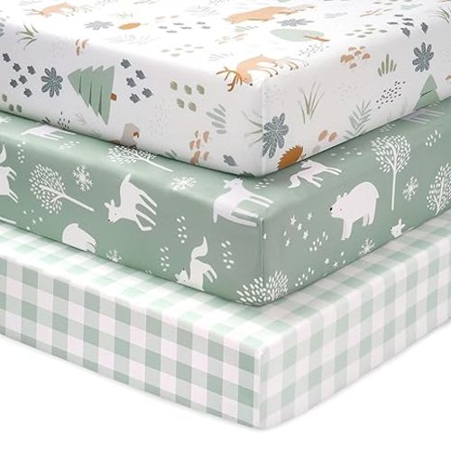 Baby Crib Sheets for Boys and Girls, 3 Pack Fitted Crib Sheets Neutral for 52”x28” Standard Crib and Toddler Mattresses, Ultra Soft & Silky Smooth Microfiber Green Forest Bear