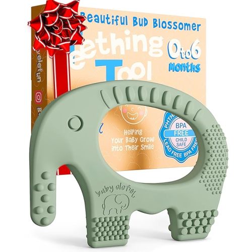 Baby Elefun Baby Teething Toys 5X Pain Relief Zero Delay 0-6 Months, Olive