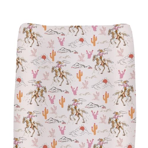 Cute Pink Cowgirl Changing Pad Covers for Baby Girls Western Cowgirls Horse Cactus Mountain Sunset Fitted Change Table Pad Covers Mats Wild West Desert Soft Diaper Changing Table Sheets 32''×16''