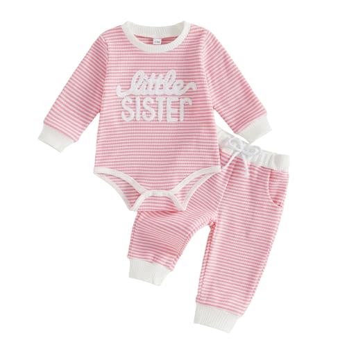 allshope Newborn Baby Girl Fall Outfit Romper Long Sleeve Letter Embroidery Jumpsuit Bodysuit Pants Infant Waffle Clothes Set