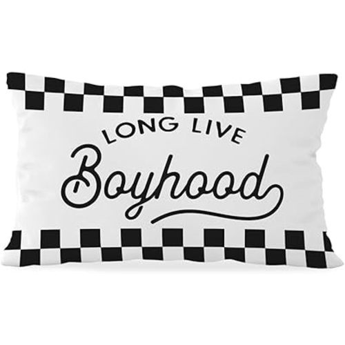 Boys Car Room Decor Pillow Cover 12x20, Long Live Boyhood Lumbar Pillow Covers, Trendy Black and White Checkerboard Decor for Boys Bedroom Playroom Nursery