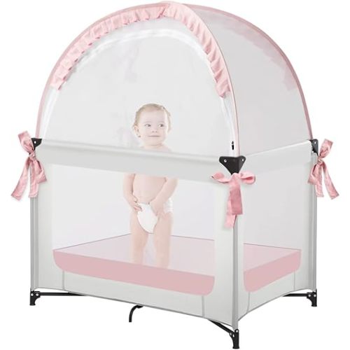 L RUNNZER Pack N Play Tent, Baby Mini Crib Tent to Keep Baby in, Crib Net for Pack and Play, Mini Cribs & Play Yard (39.6" L x 27.6" W x 49.2" H)