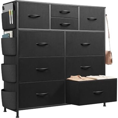 WLIVE 10 Drawer Black Fabric Dresser for Bedroom, Side Pocket & Hooks Chest