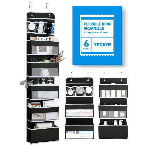 Yecaye 6-Tier Over The Door Storage Organizer, Flexible 1 Split into 2 Swing-Proof Hanging Bathroom Bedroom Organizer and Storage, Black